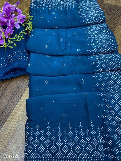 Soft Rangoli Silk  Fabric With Designer Swaroski Diamond  Work Along With Matching Blouse & Piping