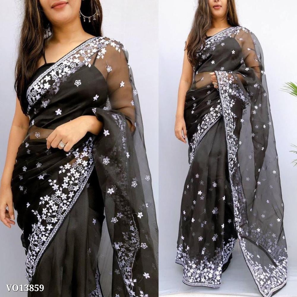 Pure organz fancy 12inch Embroidery work saree. with blouse piece