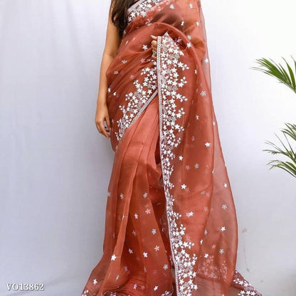 Pure organz fancy 12inch Embroidery work saree. with blouse piece