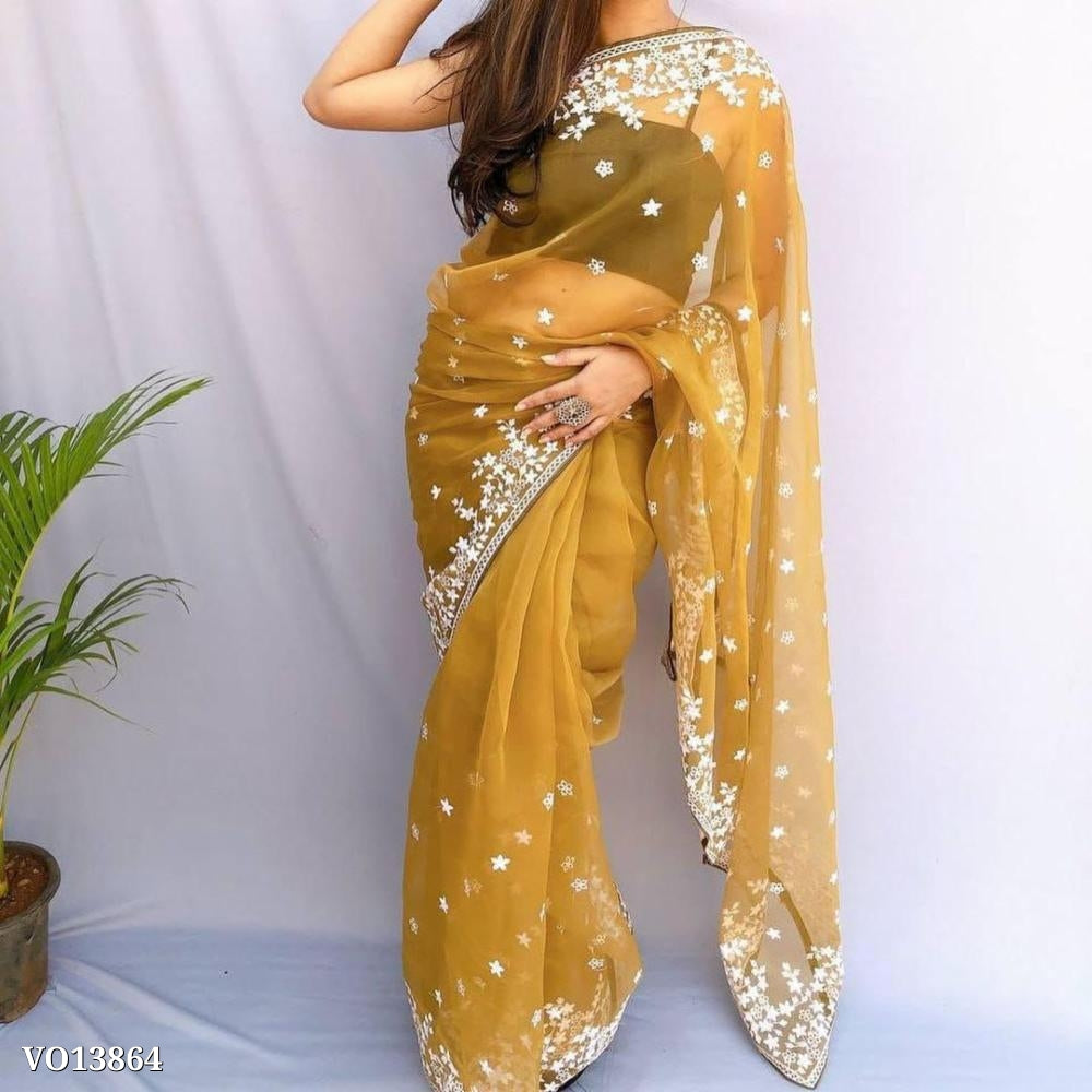 Pure organz fancy 12inch Embroidery work saree. with blouse piece