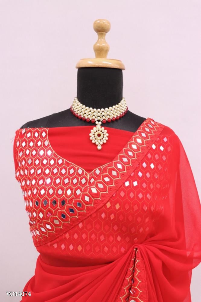 Pure gorgeet Fancy thread work with real mirror and work Saree with blouse piece all over work