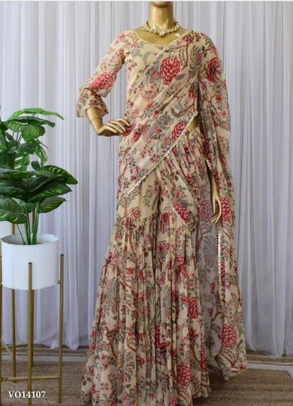 Sharara Saree With Attached Dupatta- Premium Georgette With Beautiful Digital Print With Silk Inner With Beautiful 9mm Sequins Work Lace. Attached Dupatta- 2.75 MTR