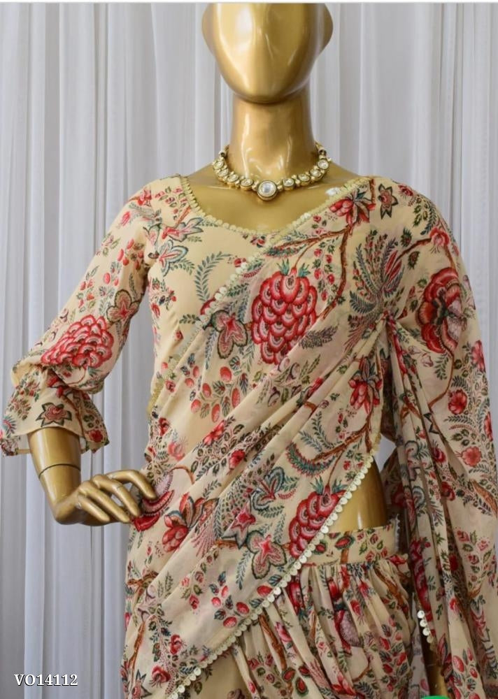 Sharara Saree With Attached Dupatta- Premium Georgette With Beautiful Digital Print With Silk Inner With Beautiful 9mm Sequins Work Lace. Attached Dupatta- 2.75 MTR