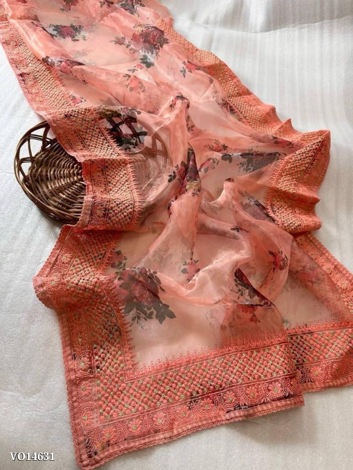 Pure Soft Organza Saree With beautiful floral digital print With viscose embroidery work Having lucknovi Border