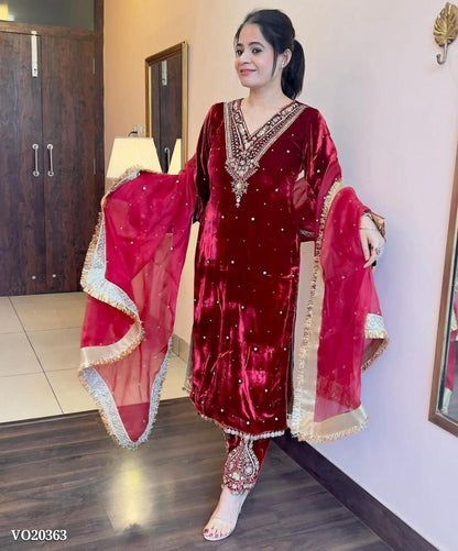 Viskhos velvet suit thread with Sequnce with rivet Moti and Lace broder