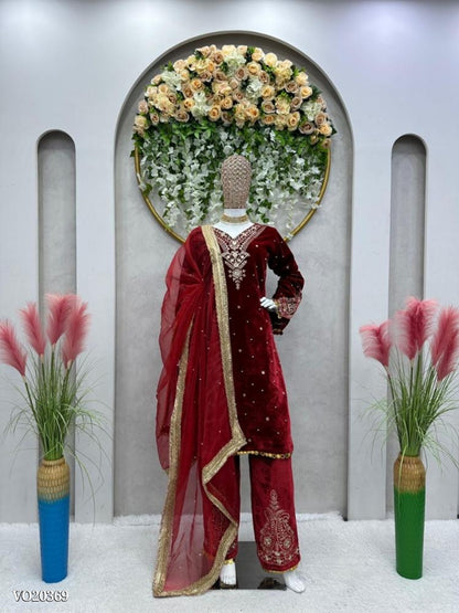 Viskhos velvet suit thread with Sequnce with rivet Moti and Lace broder