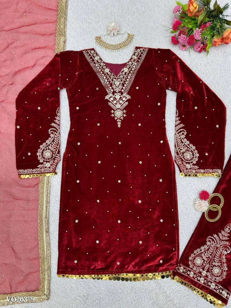 Viskhos velvet suit thread with Sequnce with rivet Moti and Lace broder