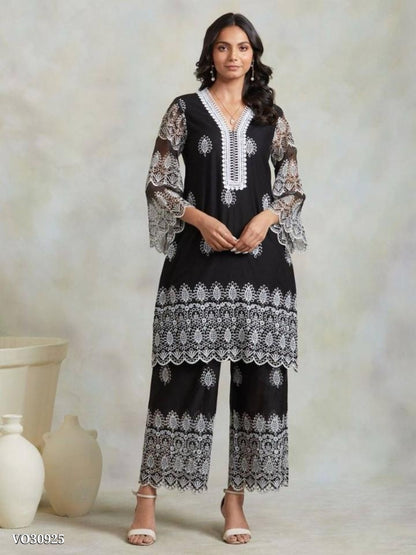 White resume fancy embroidery Suits Palazzo set black colour