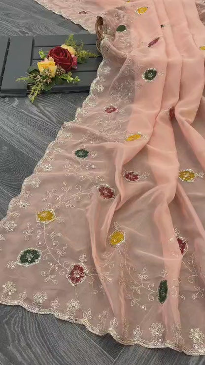 Pure ORGANZA FABRIC AND FULL SAREE C PALU WORK &SEQUENCE JAAL WORK LOOK SO PREETY AND COLOURFUL THREAD SAREE HAVING BEAUTIFUL CUTWORK*