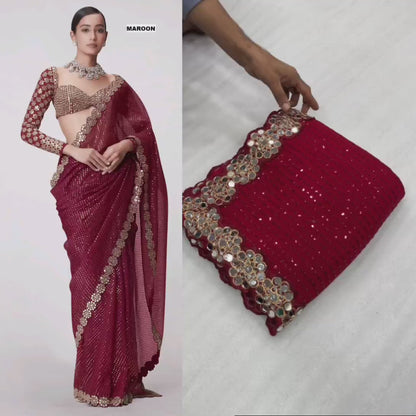 Mirror saree Pure Georgette sequence lining fabric original mirror work hand work 10000 mirror attach