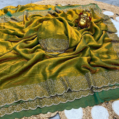 Premium Fandy Satin saree pure hand diamond work.