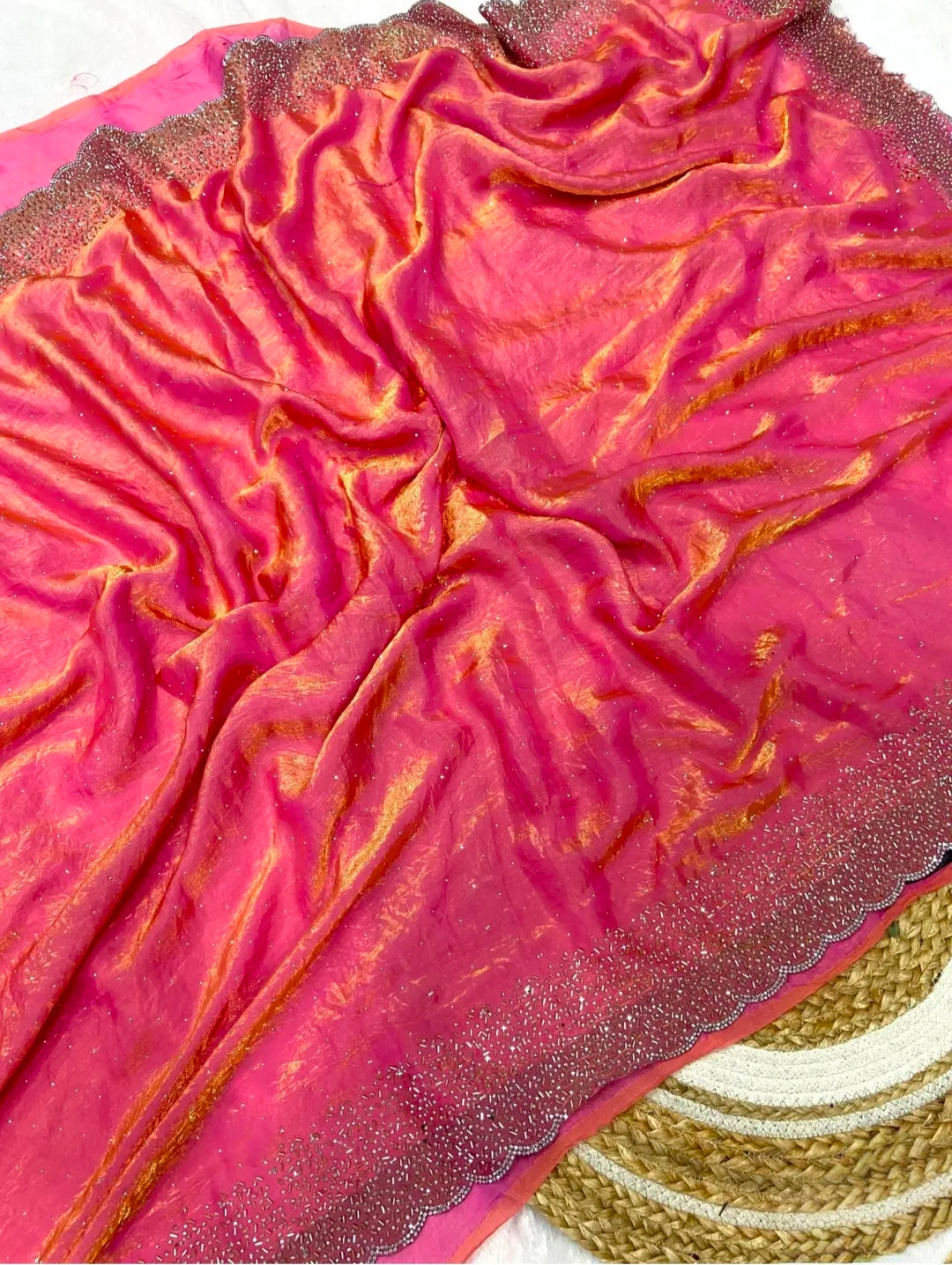 Premium Fandy Satin saree pure hand diamond work.