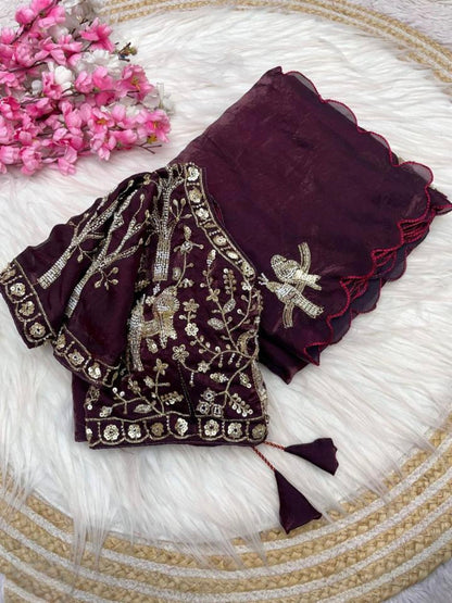 PURE SOFT FANDY SATTIN SILK  HAND WORK SAREE
