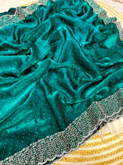 Premium Fandy Satin saree pure hand diamond work.