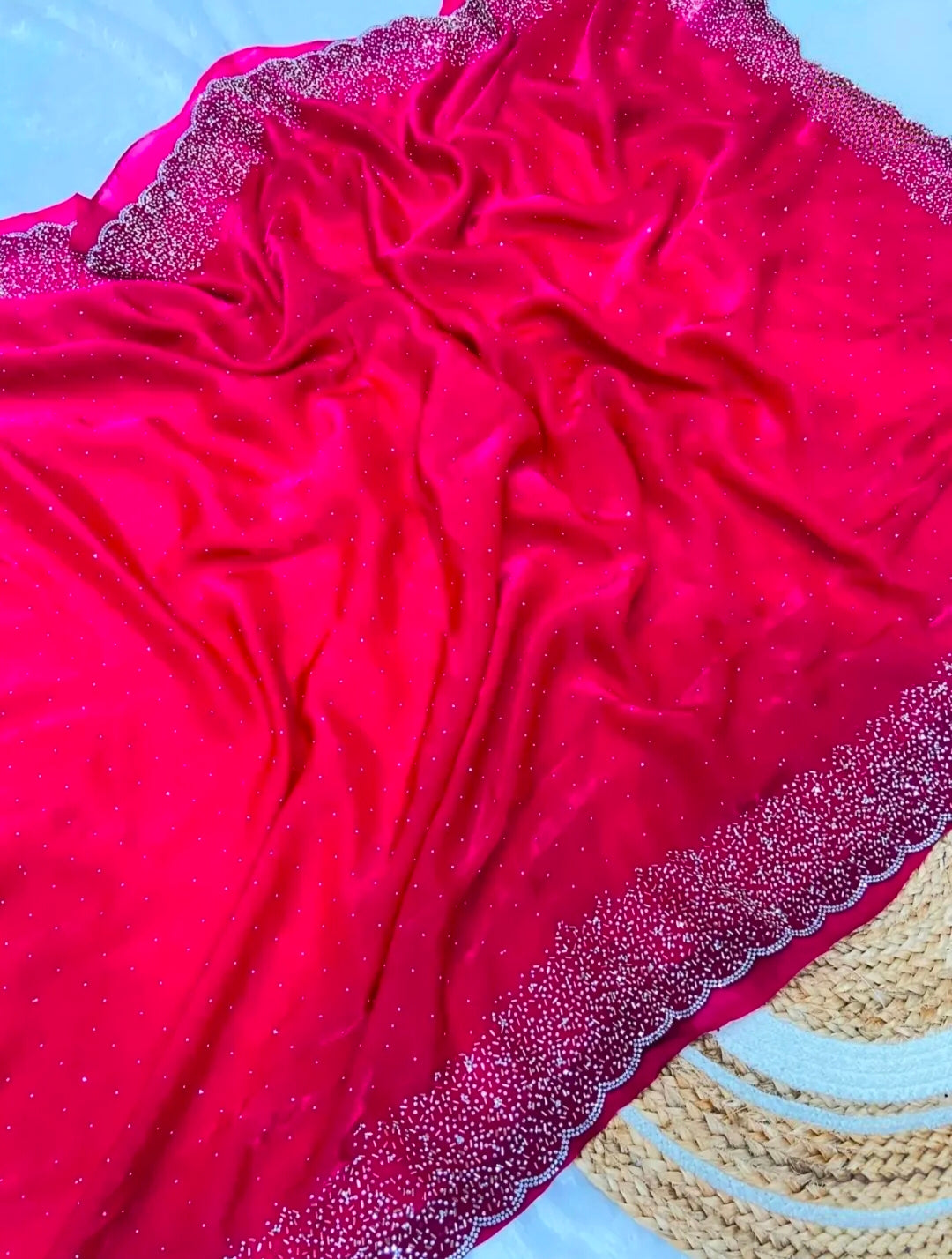 Premium Fandy Satin saree pure hand diamond work.