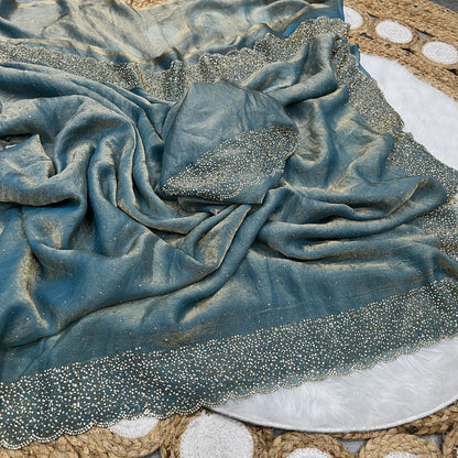 Premium Fandy Satin saree pure hand diamond work.