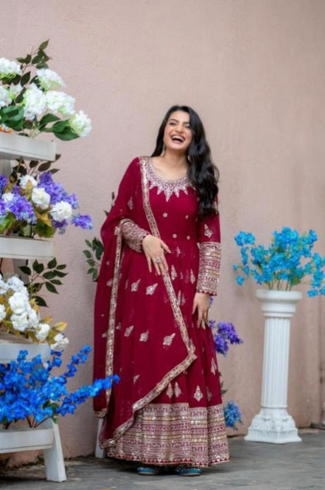 Cherry , gown bottom dupatta