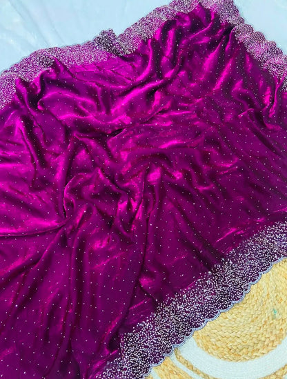 Premium Fandy Satin saree pure hand diamond work.