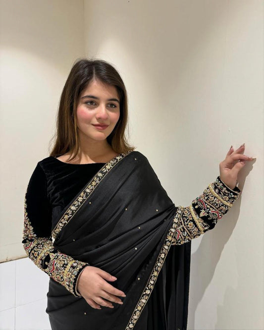 Party Wear Pure 9000 Velvet Embroidery Saree