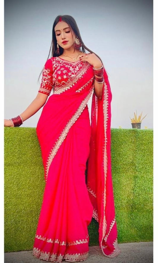 Fancy work saree with stitch blouse