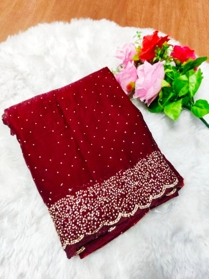 Premium Fandy Satin saree pure hand diamond work.