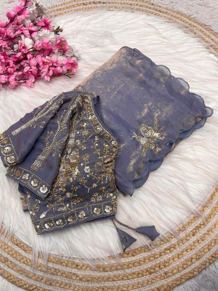 PURE SOFT FANDY SATTIN SILK  HAND WORK SAREE