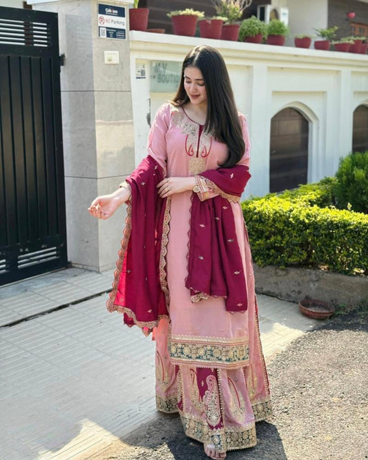 Pure  Chinnon Silk hand work suit set full stitch
