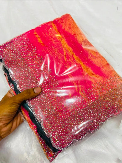Premium Fandy Satin saree pure hand diamond work.