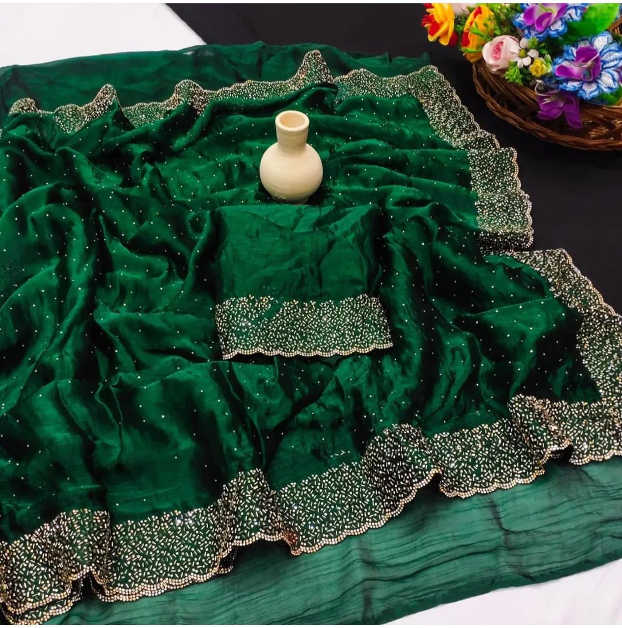 Premium Fandy Satin saree pure hand diamond work.