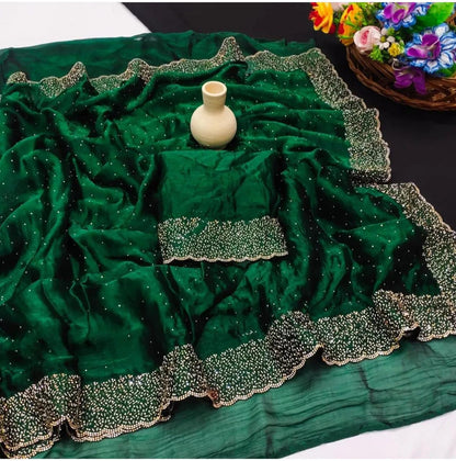 Premium Fandy Satin saree pure hand diamond work.