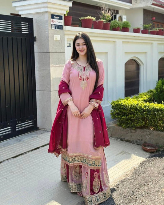 Pure  Chinnon Silk hand work suit set full stitch