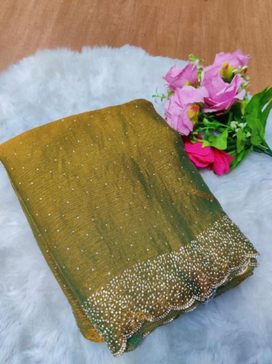 Premium Fandy Satin saree pure hand diamond work.