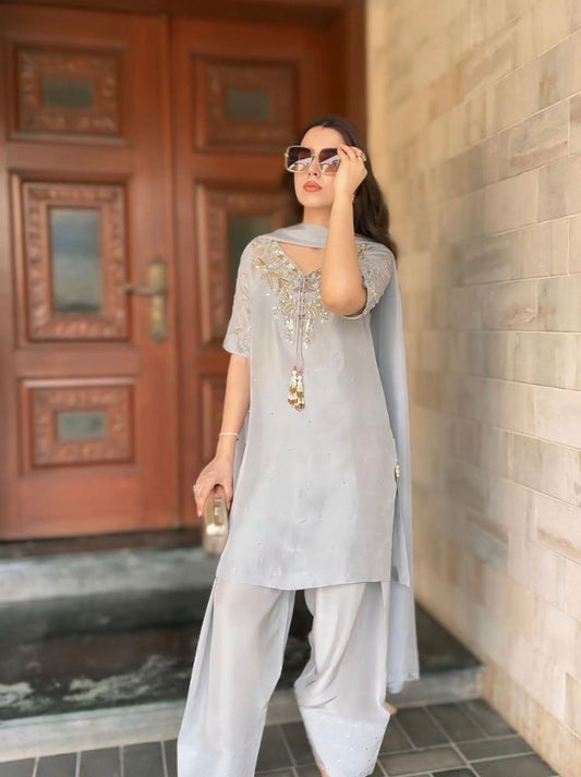 Pur Natural Crepe With Beads Hand Work suit