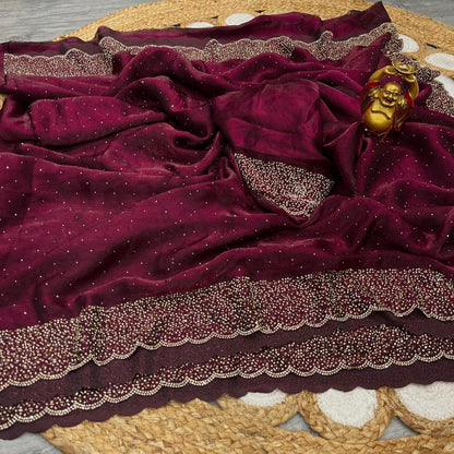 Premium Fandy Satin saree pure hand diamond work.
