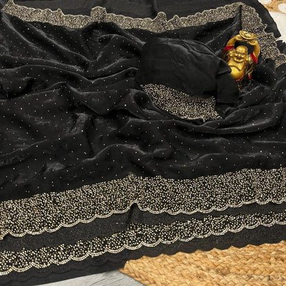 Premium Fandy Satin saree pure hand diamond work.