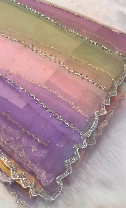Multi colour pure hand work diamond stone work saree
