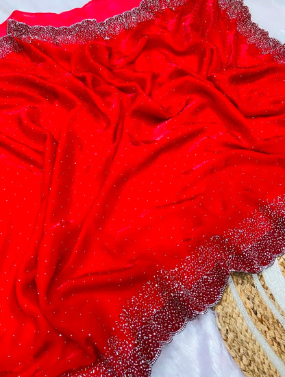 Premium Fandy Satin saree pure hand diamond work.