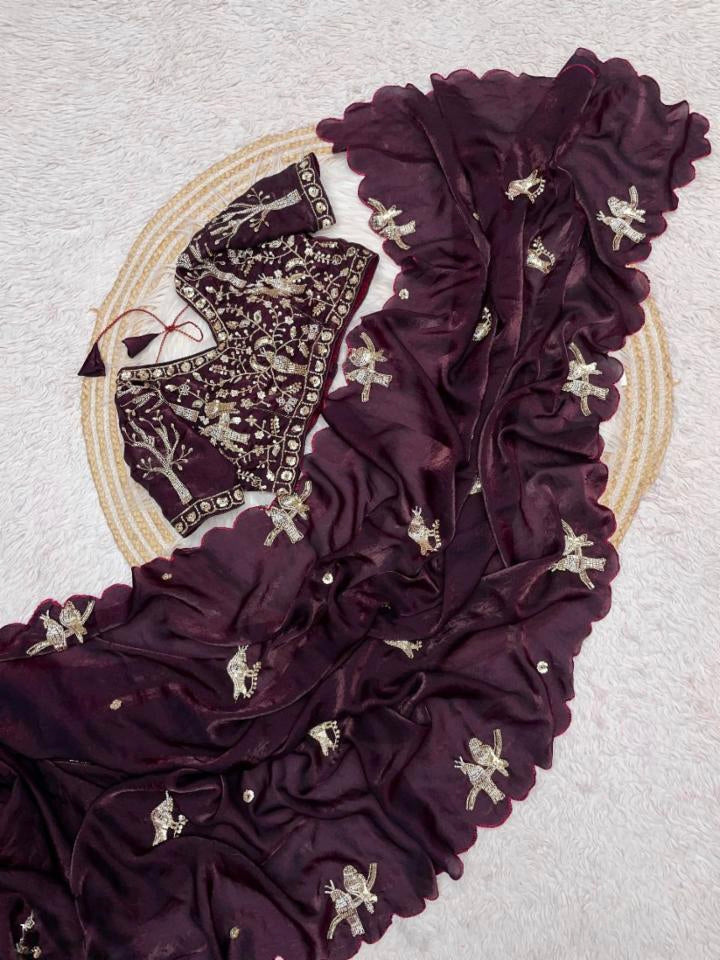 PURE SOFT FANDY SATTIN SILK  HAND WORK SAREE