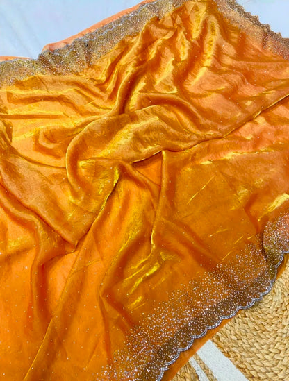 Premium Fandy Satin saree pure hand diamond work.
