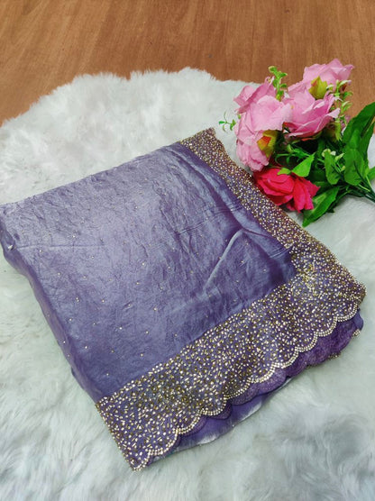 Premium Fandy Satin saree pure hand diamond work.