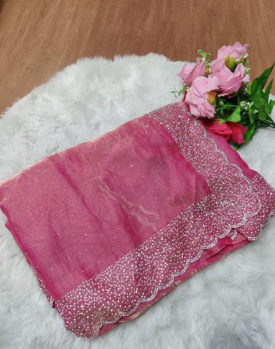 Premium Fandy Satin saree pure hand diamond work.