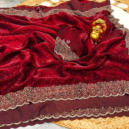Premium Fandy Satin saree pure hand diamond work.