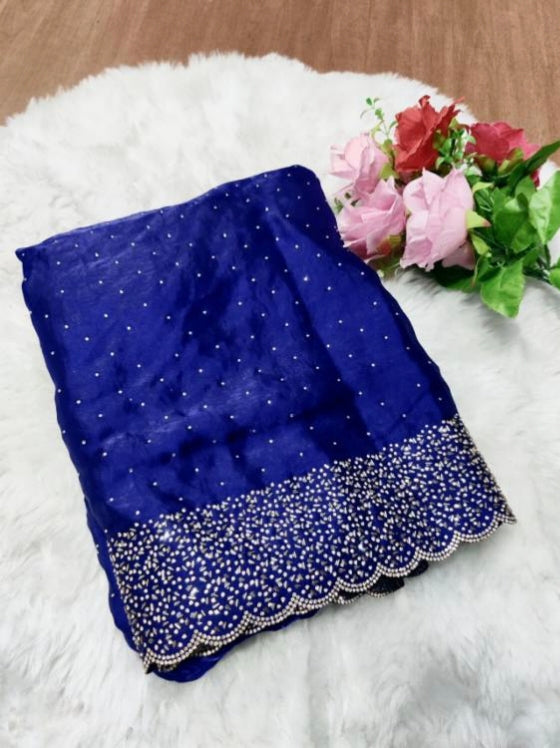 Premium Fandy Satin saree pure hand diamond work.
