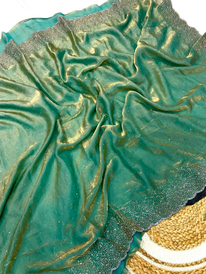 Premium Fandy Satin saree pure hand diamond work.