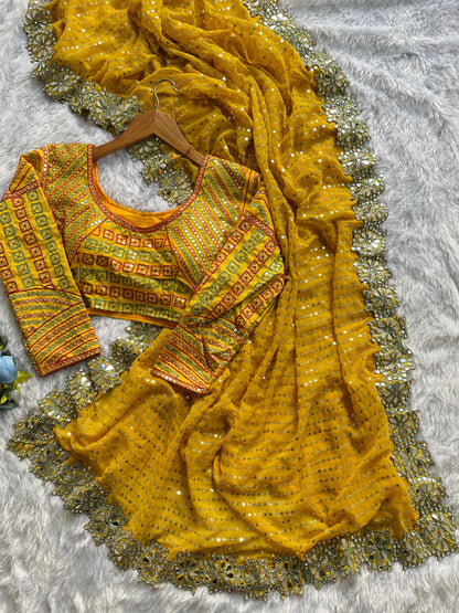 soft fabric original mirror work hand work saree