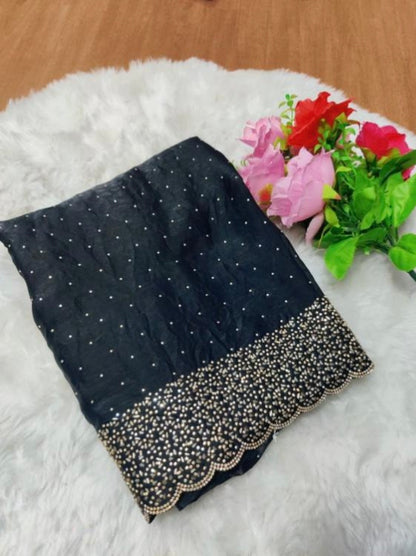 Premium Fandy Satin saree pure hand diamond work.