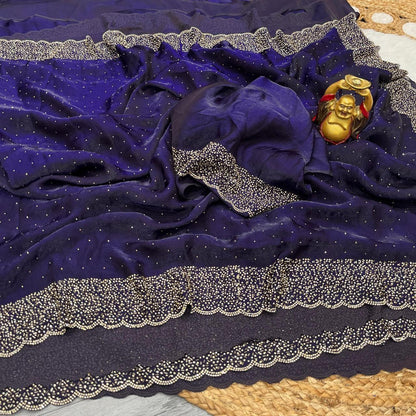 Premium Fandy Satin saree pure hand diamond work.