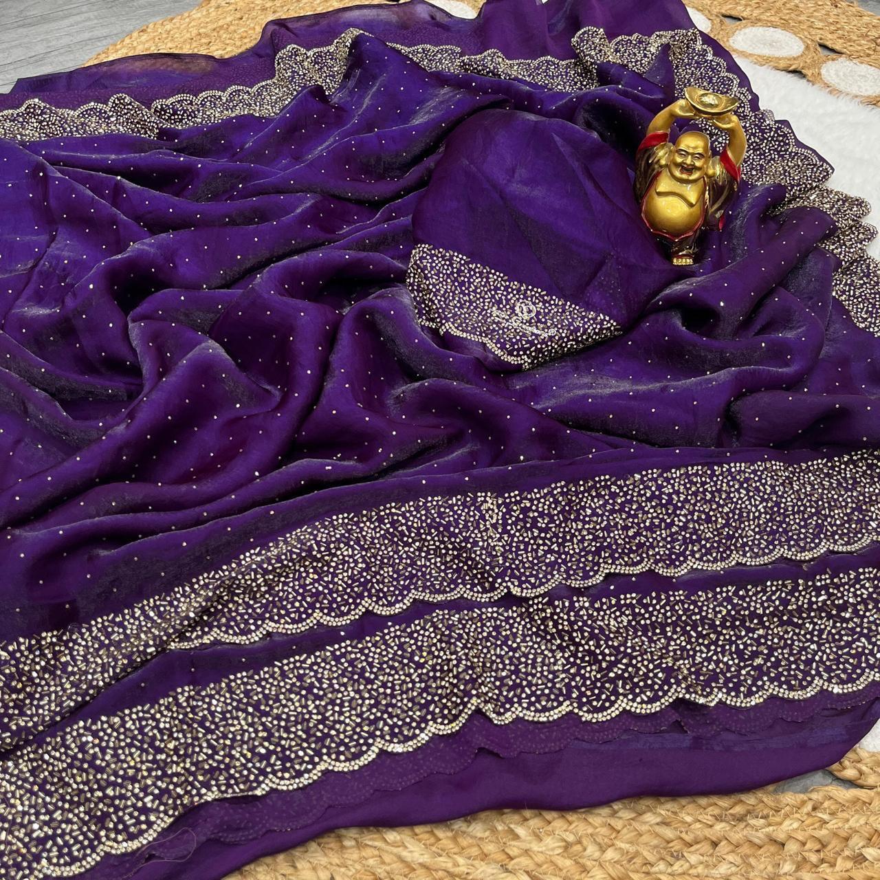 Premium Fandy Satin saree pure hand diamond work.